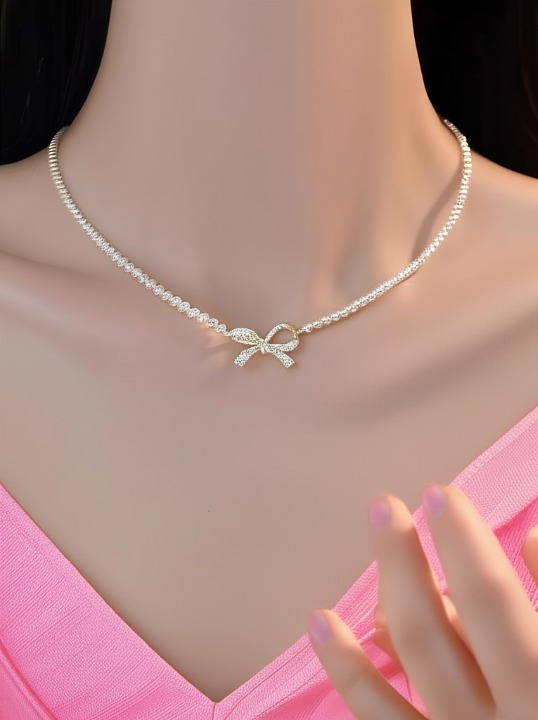 Bow Shape Pearl Pendant Necklace For Women – Dainty Jewelry With Sparkling Bow Design | Available In Silver & Golden Finish | Perfect Gift For Weddings, Parties & Everyday Glamour