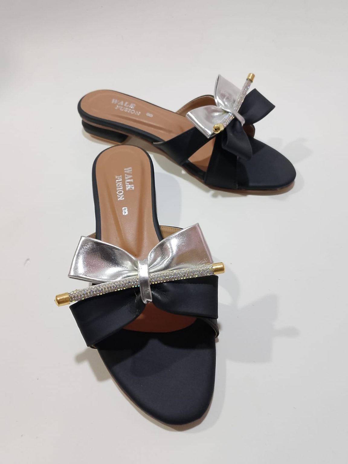 New Fashion New Design Black Bow Slide Sandals With Crystal Accent For Women
