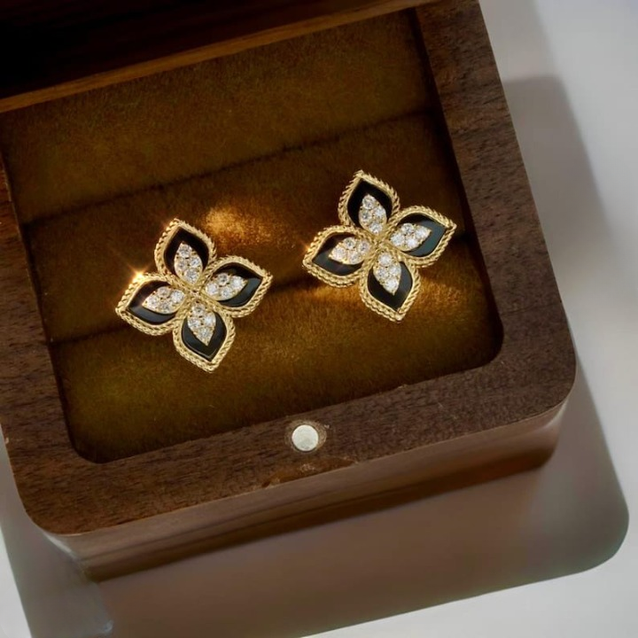 Black And Gold Floral Earrings – Sparkling Four-leaf Studs With Cubic Zirconia