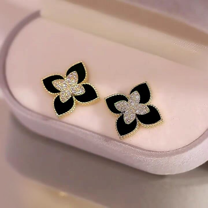 Black And Gold Floral Earrings – Sparkling Four-leaf Studs With Cubic Zirconia