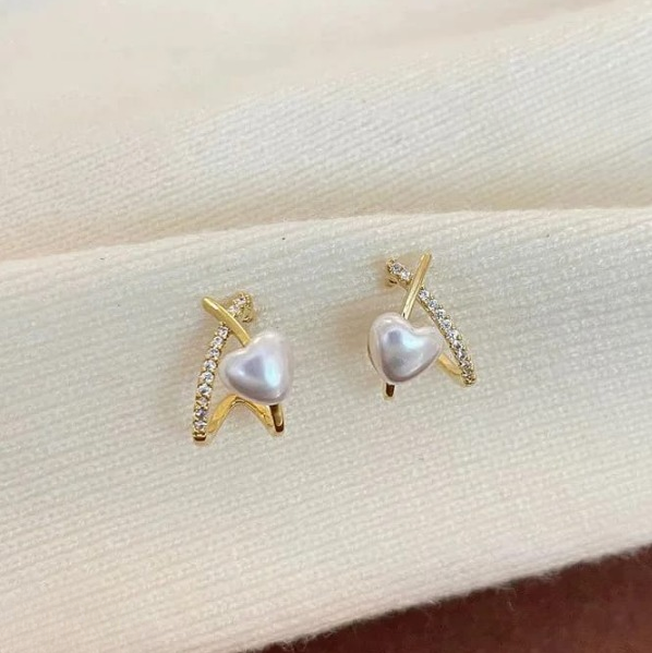 Stylish Minimalist Pearl Heart Earrings – Gold Hoop With Crystal Detailing – Cross Heart Peal Korean Earrings