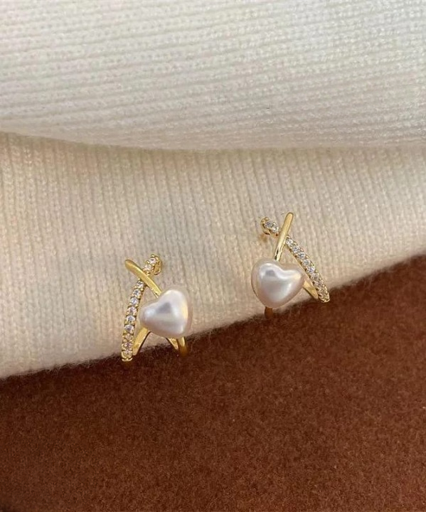 Stylish Minimalist Pearl Heart Earrings – Gold Hoop With Crystal Detailing – Cross Heart Peal Korean Earrings