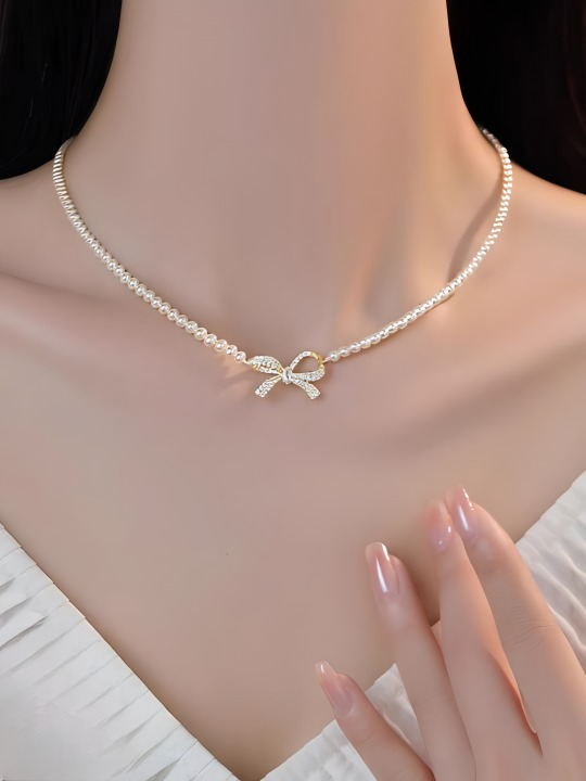 Bow Shape Pearl Pendant Necklace For Women – Dainty Jewelry With Sparkling Bow Design | Available In Silver & Golden Finish | Perfect Gift For Weddings, Parties & Everyday Glamour
