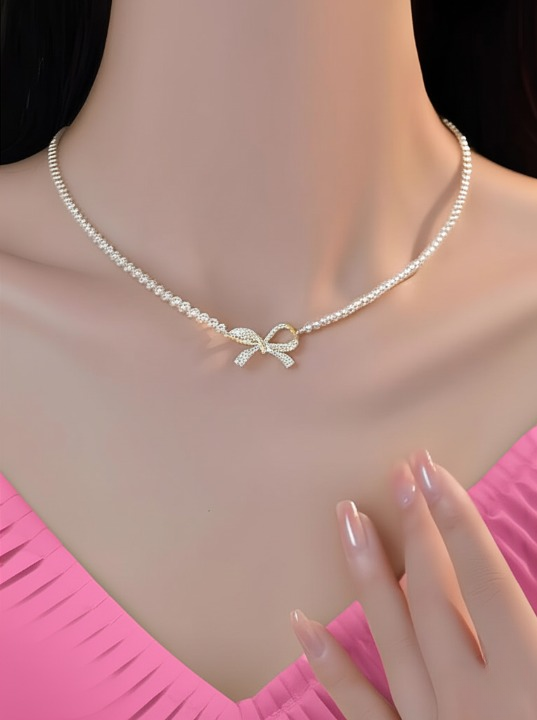 Bow Shape Pearl Pendant Necklace For Women – Dainty Jewelry With Sparkling Bow Design | Available In Silver & Golden Finish | Perfect Gift For Weddings, Parties & Everyday Glamour