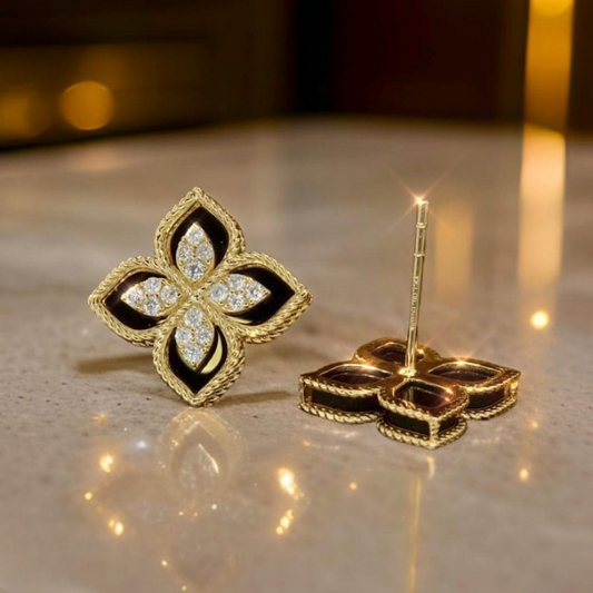 Black And Gold Floral Earrings – Sparkling Four-leaf Studs With Cubic Zirconia