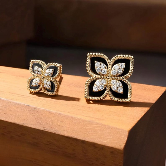 Black And Gold Floral Earrings – Sparkling Four-leaf Studs With Cubic Zirconia