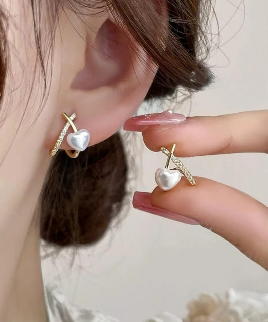 Stylish Minimalist Pearl Heart Earrings – Gold Hoop With Crystal Detailing – Cross Heart Peal Korean Earrings
