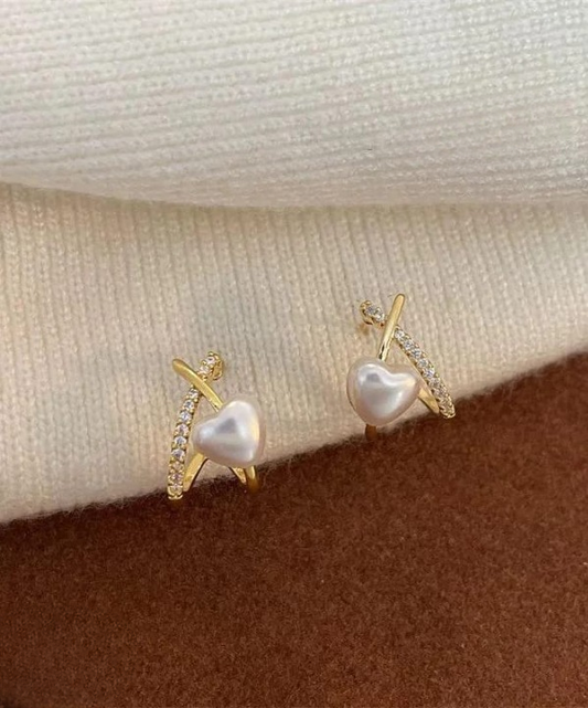 Stylish Minimalist Pearl Heart Earrings – Gold Hoop With Crystal Detailing – Cross Heart Peal Korean Earrings