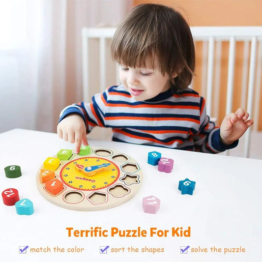oy Joy Wooden Shape Color Sorting Clock Teaching Time Number Blocks Puzzle Stacking Sorter Jigsaw Montessori Early Learning Educational Toy Gift for Year Old Kids